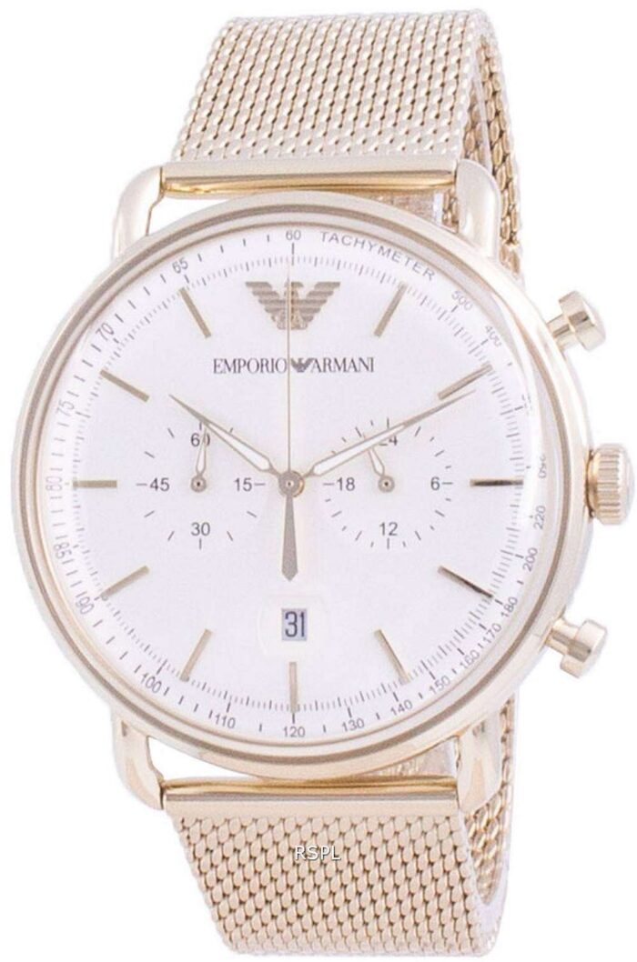 Emporio Armani Aviator Chronograph Quartz Beige Dial Gold Mesh Bracelet Watch For Men - AR11315 - Image 5